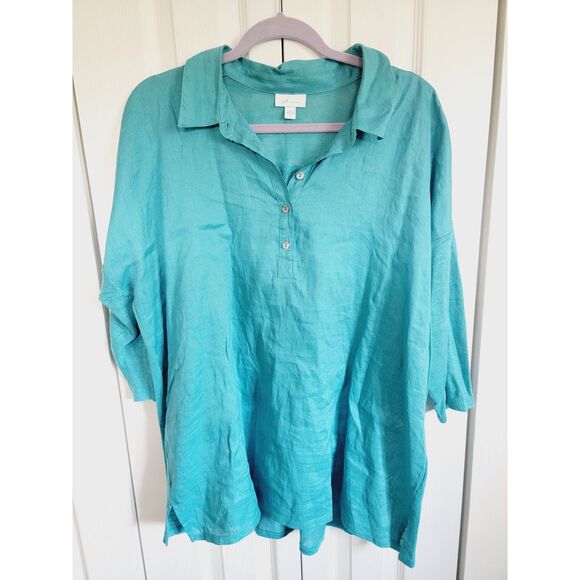 J. Jill L Love Linen Tunic Top Womens Size Large Aqua‎ Pullover Part Button - Picture 1 of 7